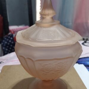 Anchor Hocking Frosted Pink Glass Candy Dish 1930's Vintage Small Chip On Lid